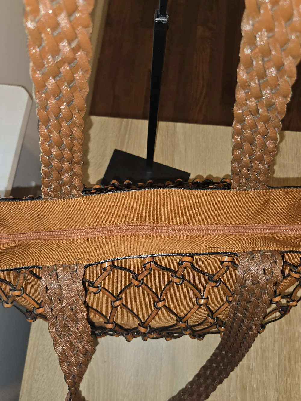 Aspects Woven Net Leather Tote Bag in Brown - Picture 5 of 10